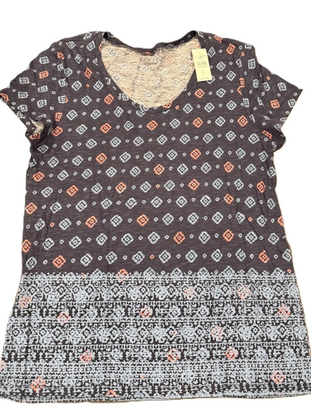 LOFT Outlet Women's Short Sleeve Printed Shirt Blue Multicolor Large NWT